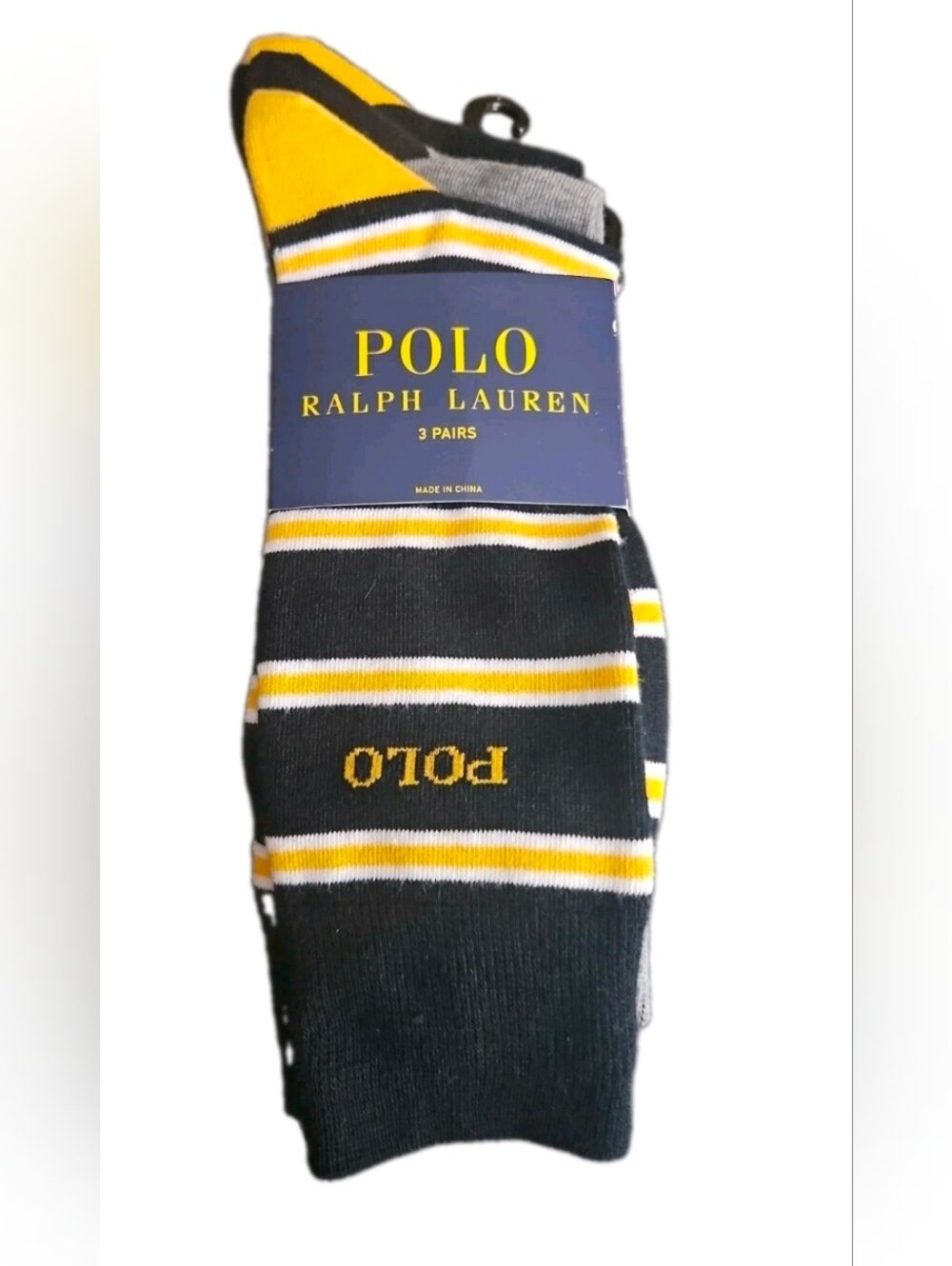 Polo Ralph Lauren 3-Pair Dress/Casual Socks Dark Navy/Gray/Yellow 10-13what you
